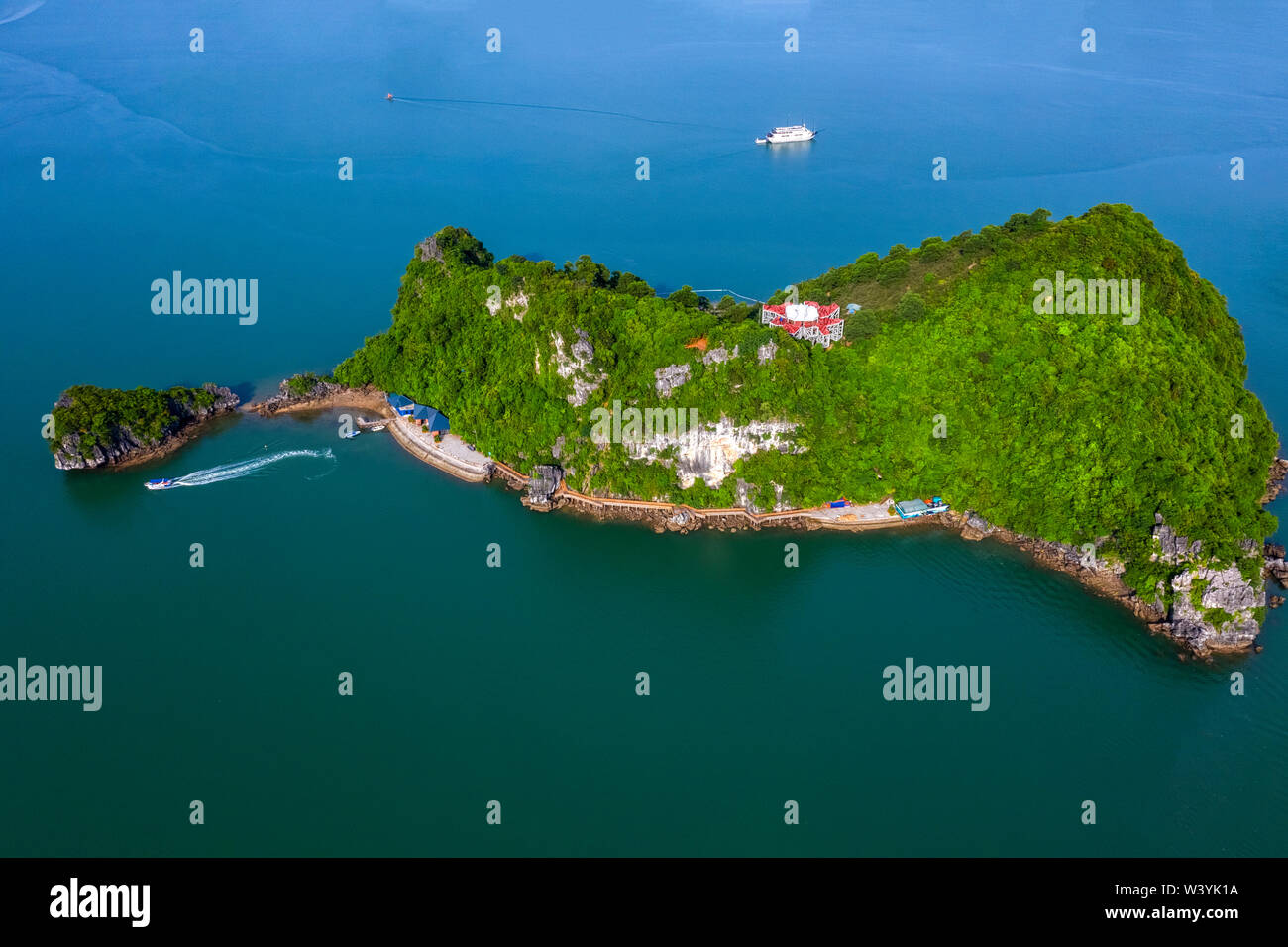 Aerial view of Soi Sim rock island, Halong Bay, Vietnam, Southeast Asia. UNESCO World Heritage Site. Junk boat cruise to Ha Long Bay. Popular landmark Stock Photo