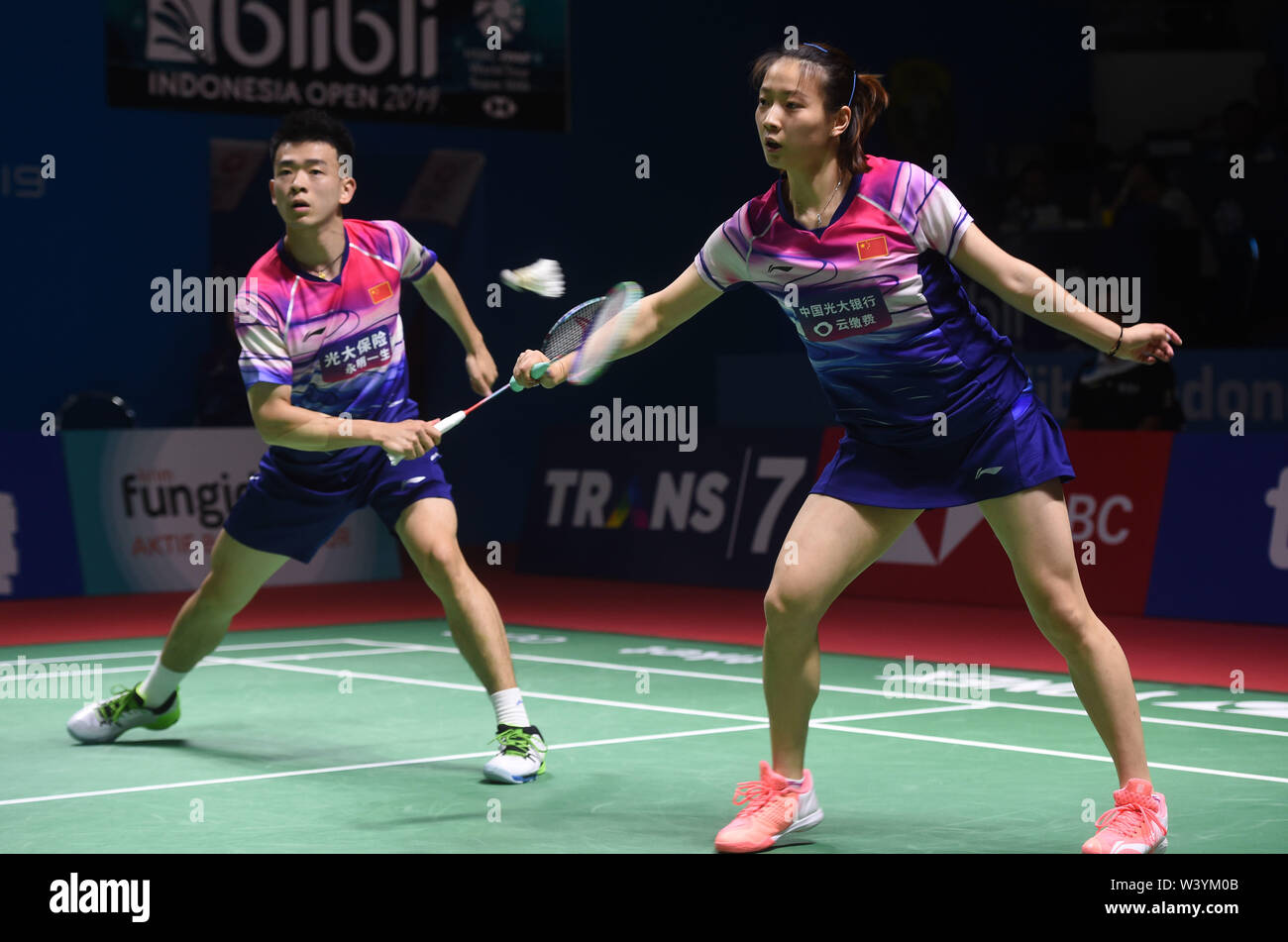 Jakarta, Indonesia. 18th July, 2019. Zheng Siwei (L)/Huang Yaqiong of China  compete during the mixed doubles second round match against Pranaav Jerry  Chopra/Reddy N. Sikki of India at the Blibli Indonesia Open