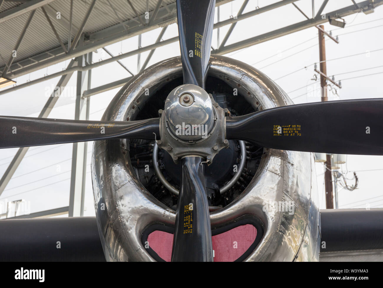 four blade propellor engine, B-29 Superfortress super bomber, Boeing Museum of Flight, Boeing Field, Tukwila, Washington State, USA Stock Photo