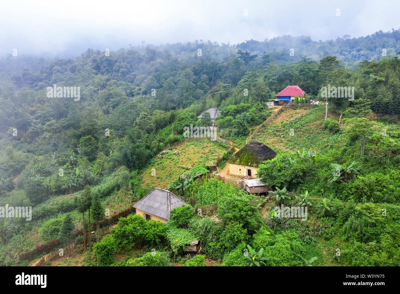 Aerial view of Trinh Tuong house or house made of land of ethnic minorities in Y Ty, Lao Cai, Vietnam. This is the traditional house of Ha Nhi people. Stock Photo