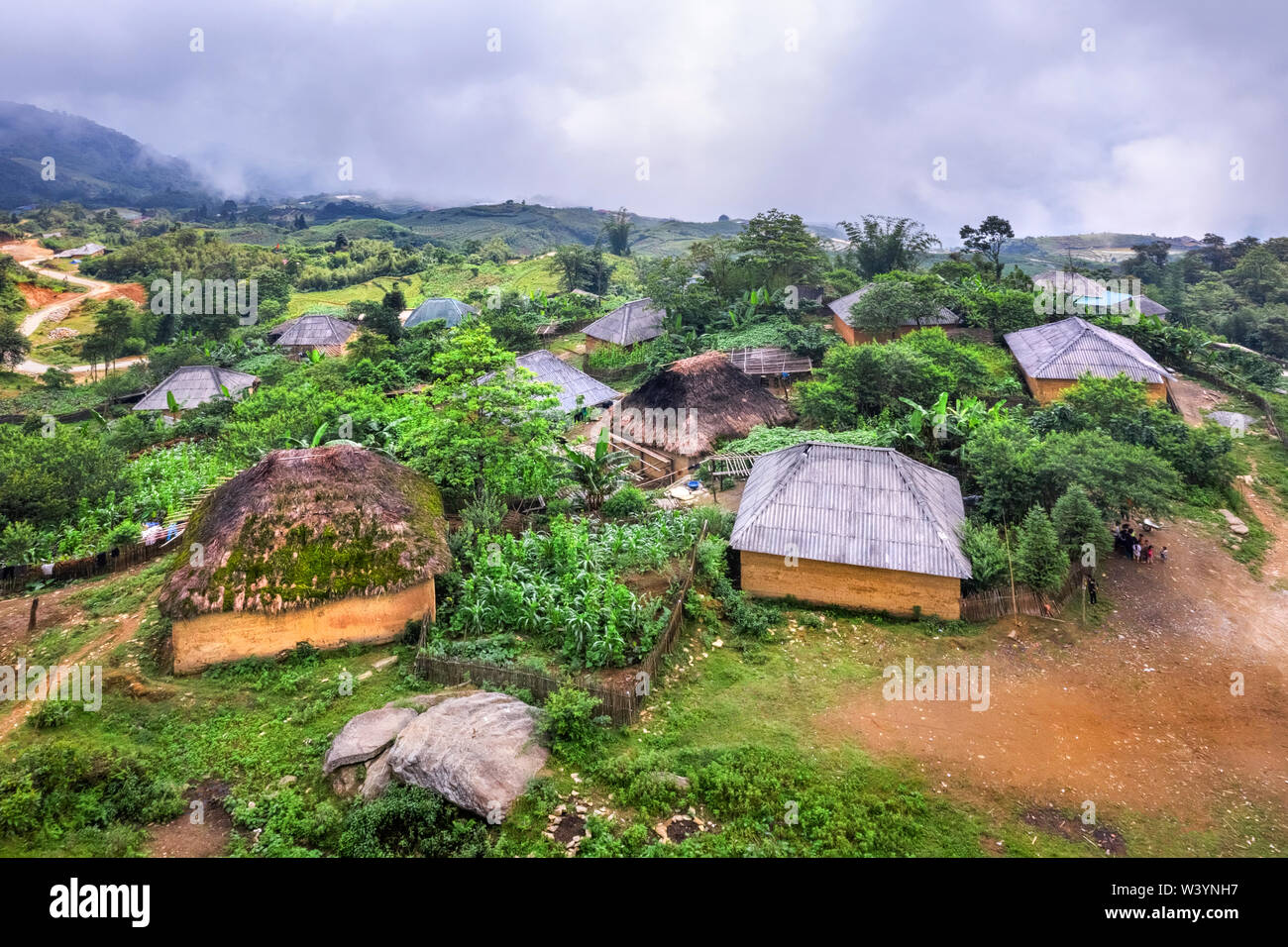 Aerial view of Trinh Tuong house or house made of land of ethnic minorities in Y Ty, Lao Cai, Vietnam. This is the traditional house of Ha Nhi people. Stock Photo