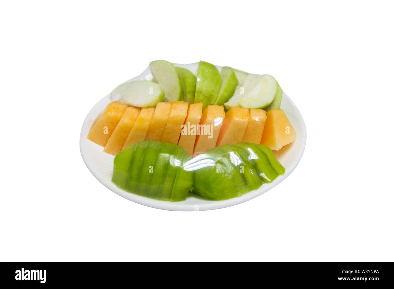 fruits which are wrapped with plastic film preservation on a table isolated white background Stock Photo