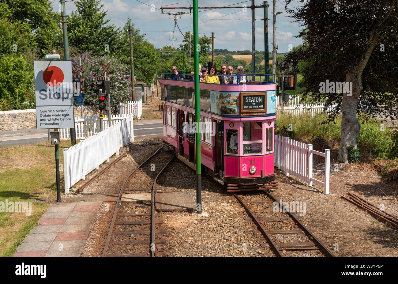 Seaton, Devon, England, UK. July 2019. Seaton Tramway. Electric tram.  Tramcar and passengers passing a level crossing Stock Photo