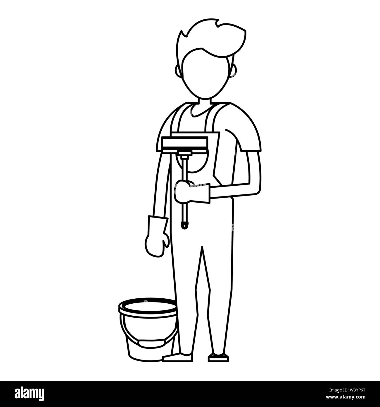 Cleaner worker with cleaning products and equipment in black and white ...