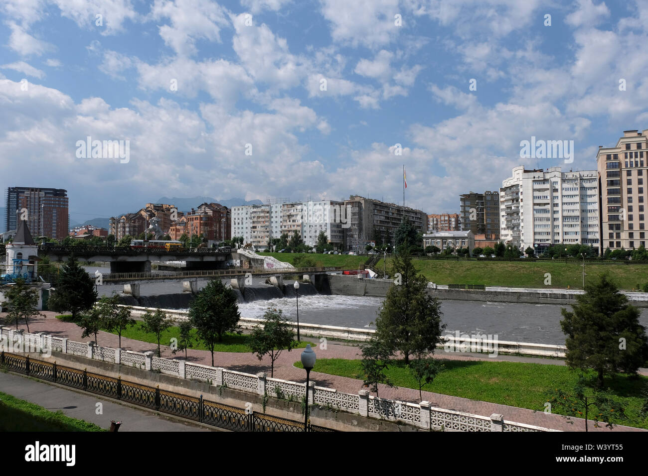 View of Terek river flowing through  Vladikavkaz the capital city of the Republic of North Ossetia-Alania in the North Caucasian Federal District of Russia. Stock Photo