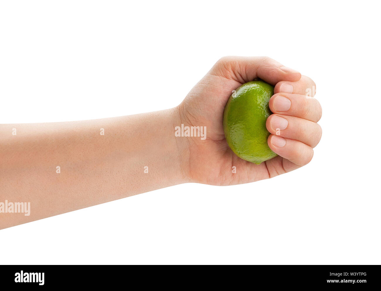 lime in squeezing hand path isolated on white Stock Photo