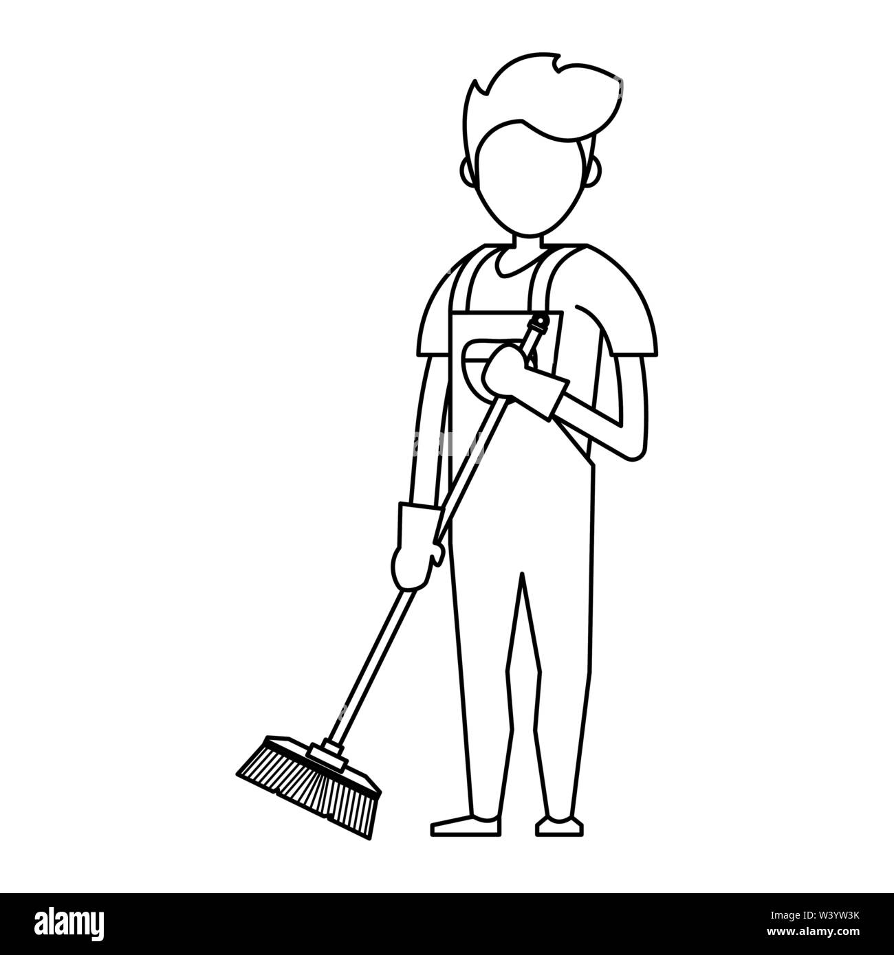 Cleaner worker with cleaning products and equipment in black and white ...