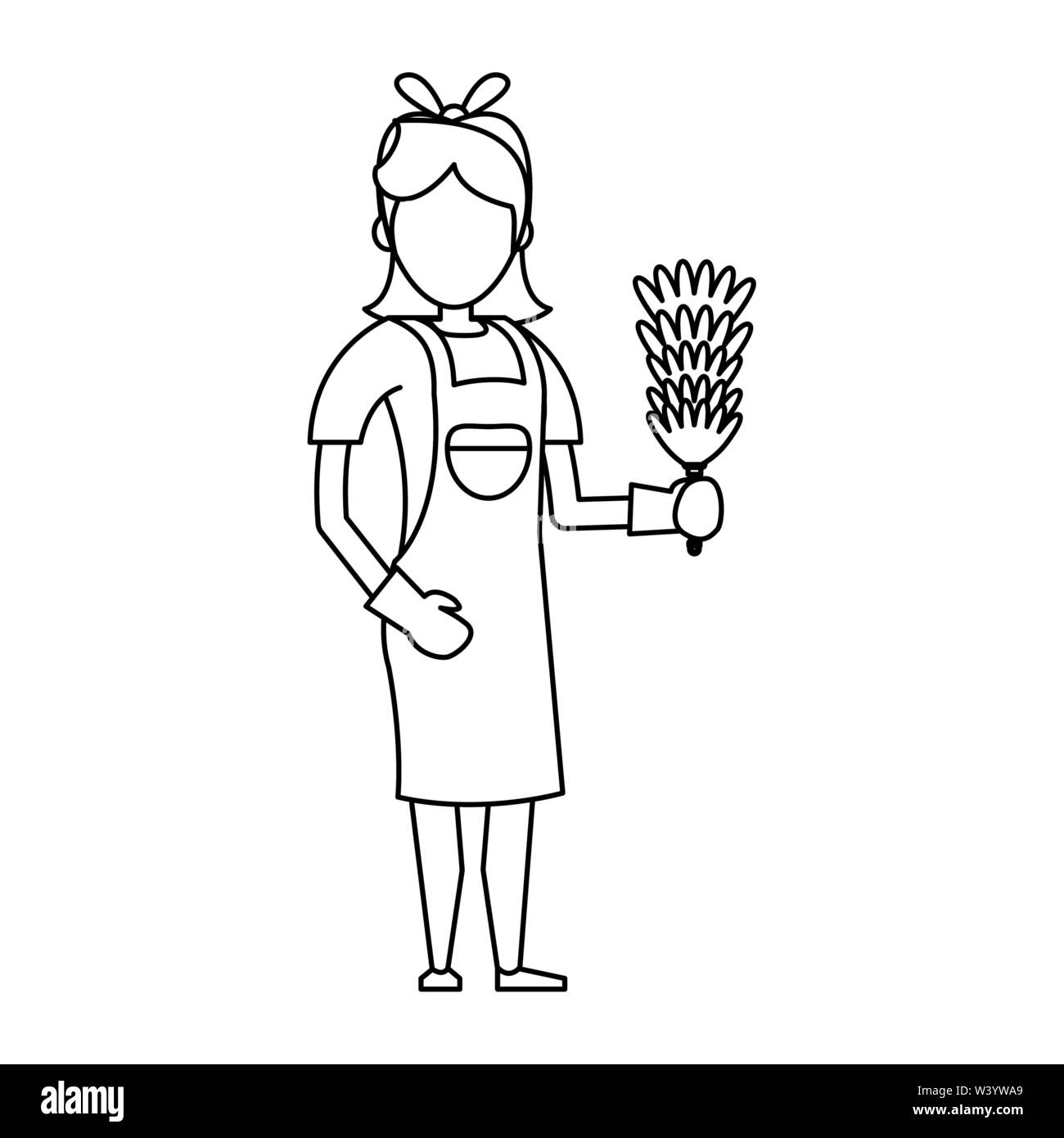 Cleaner worker with cleaning products and equipment in black and white ...