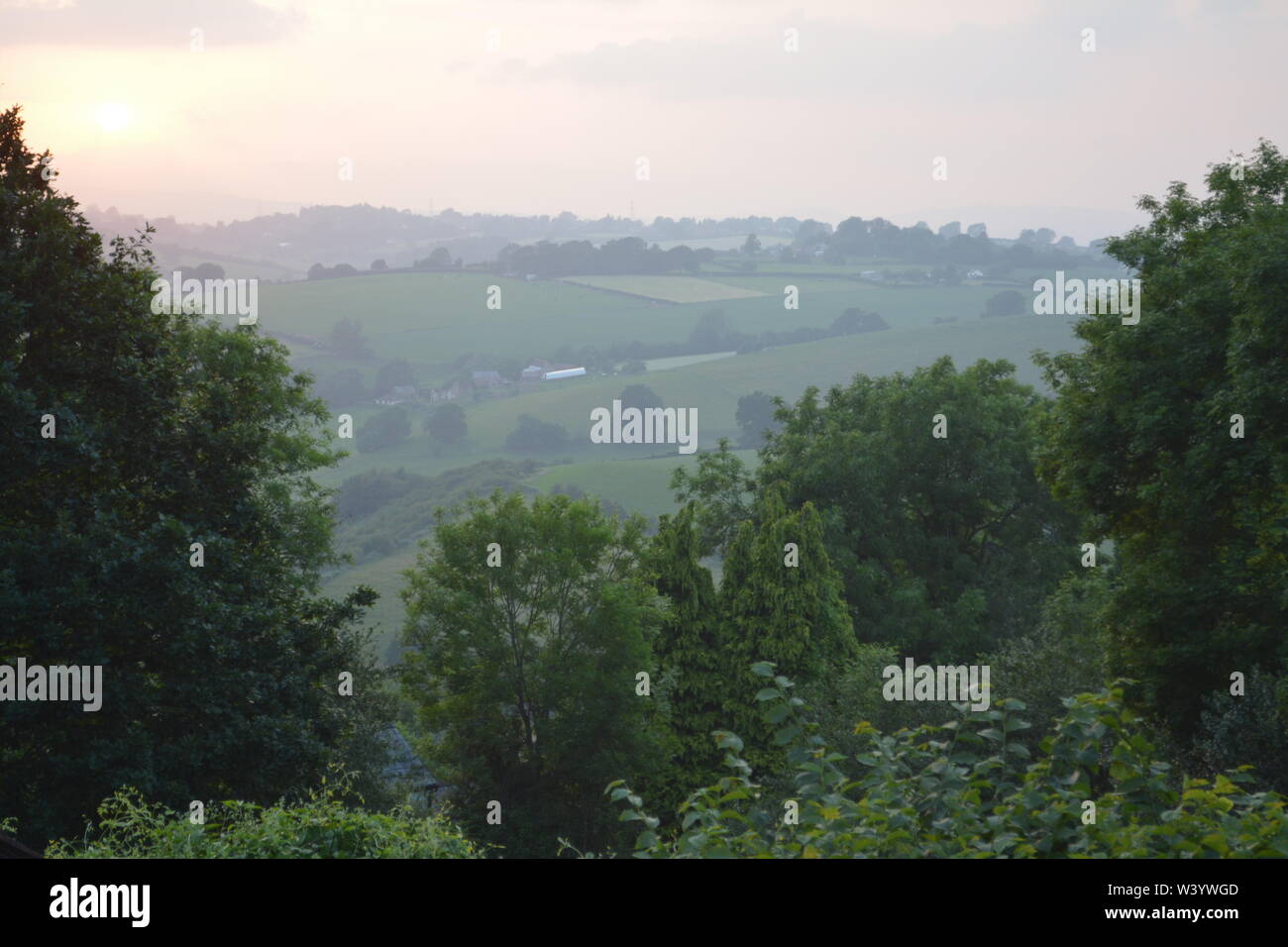 View from a hillside across trees towards open hilly countryside with summer sun low in cloudy sky The Doward South Herefordshire England UK Stock Photo