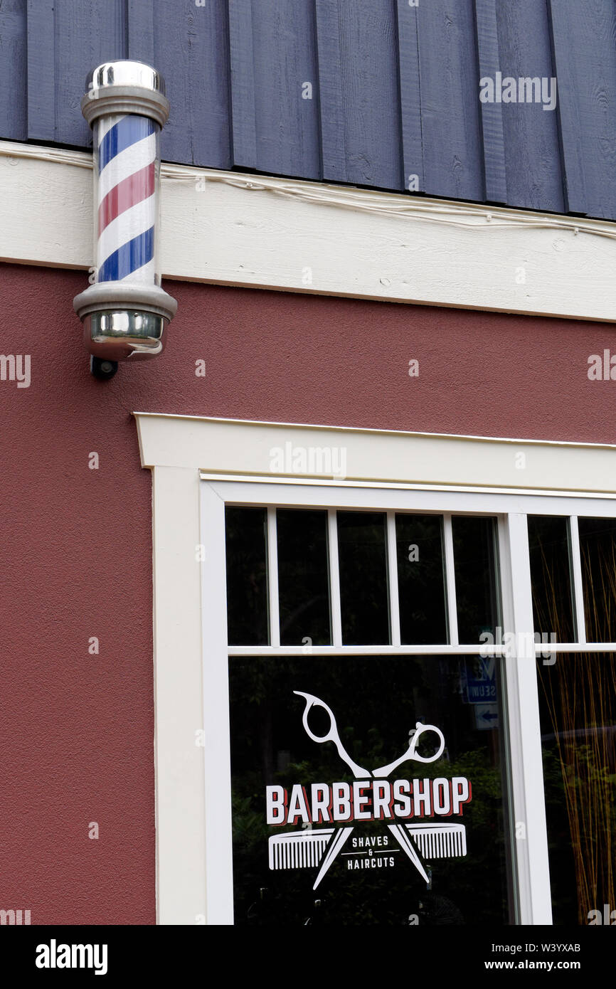 Old fashioned barber shop on Bowen Island, Vancouver, BC, Canada Stock Photo