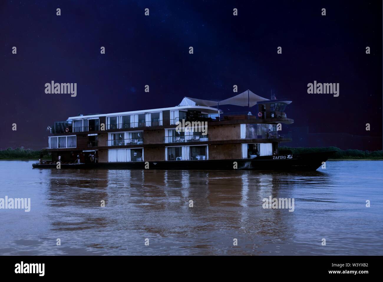 The Luxury Ship Zafiro on the Amazon River in Peru Stock Photo