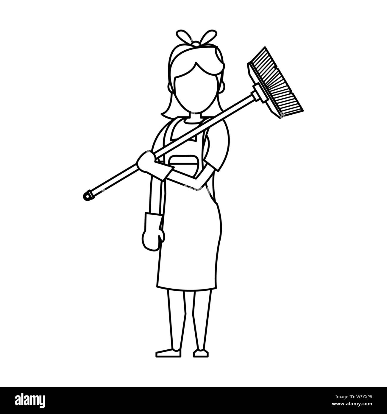 Cleaner worker with cleaning products and equipment in black and white ...