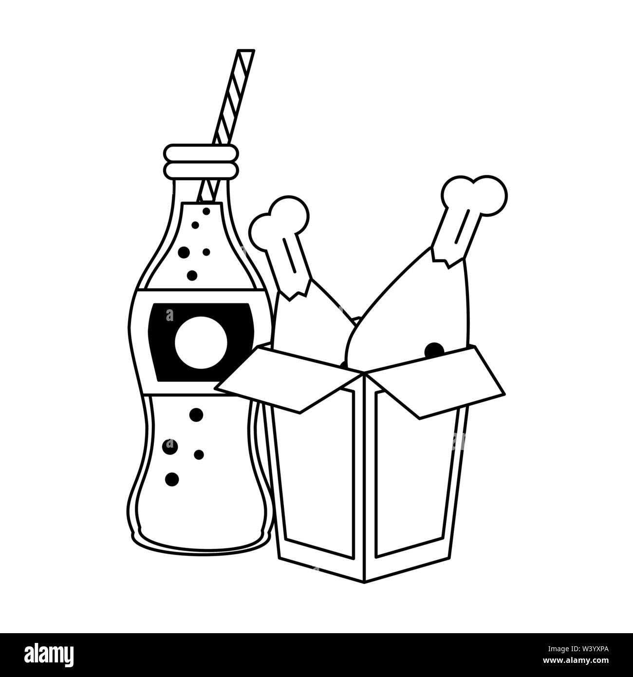 Food chicken fried box and cola soda bottle in black and white Stock