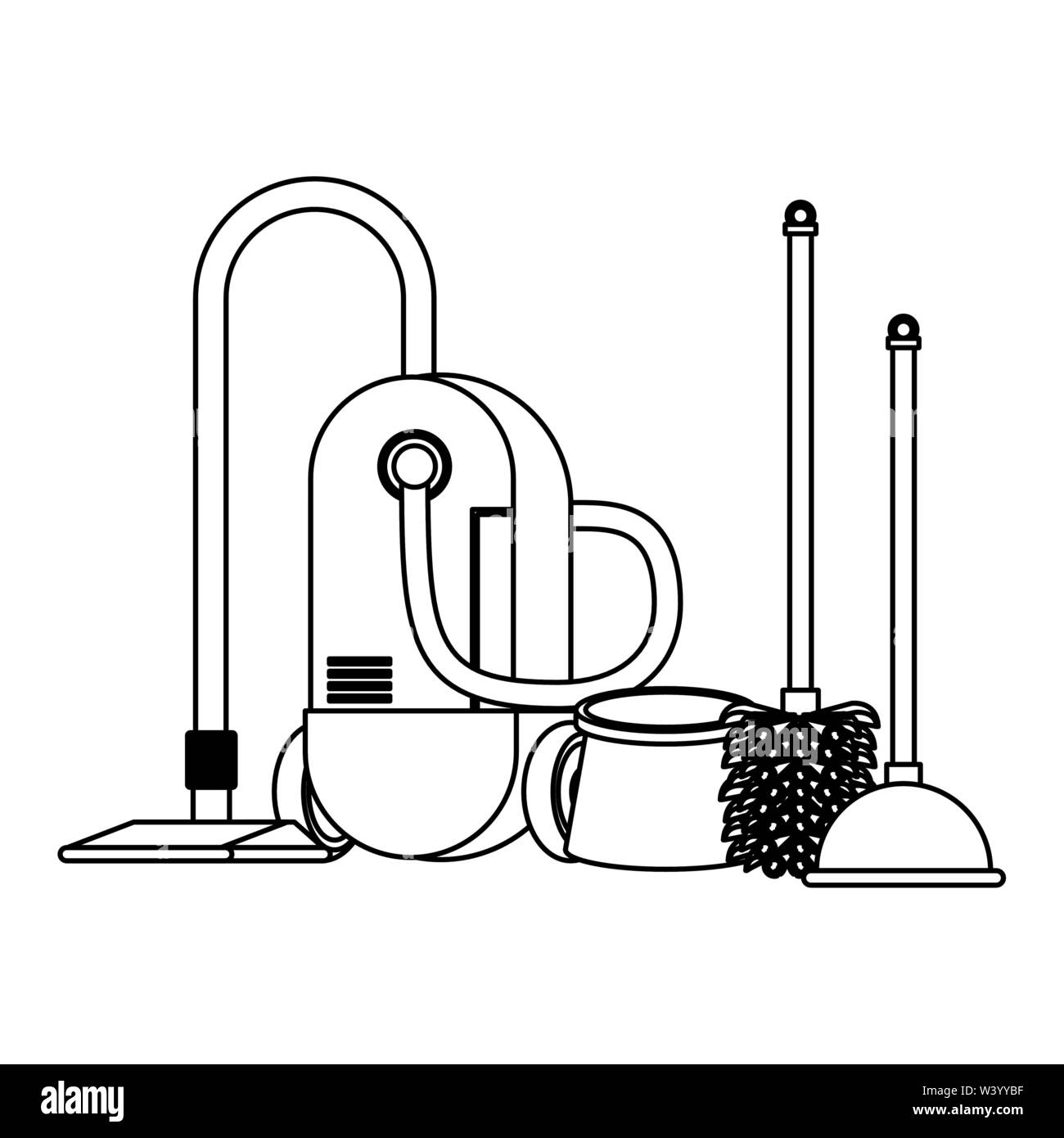 Set of cleaning equipment and products in black and white Stock Vector ...