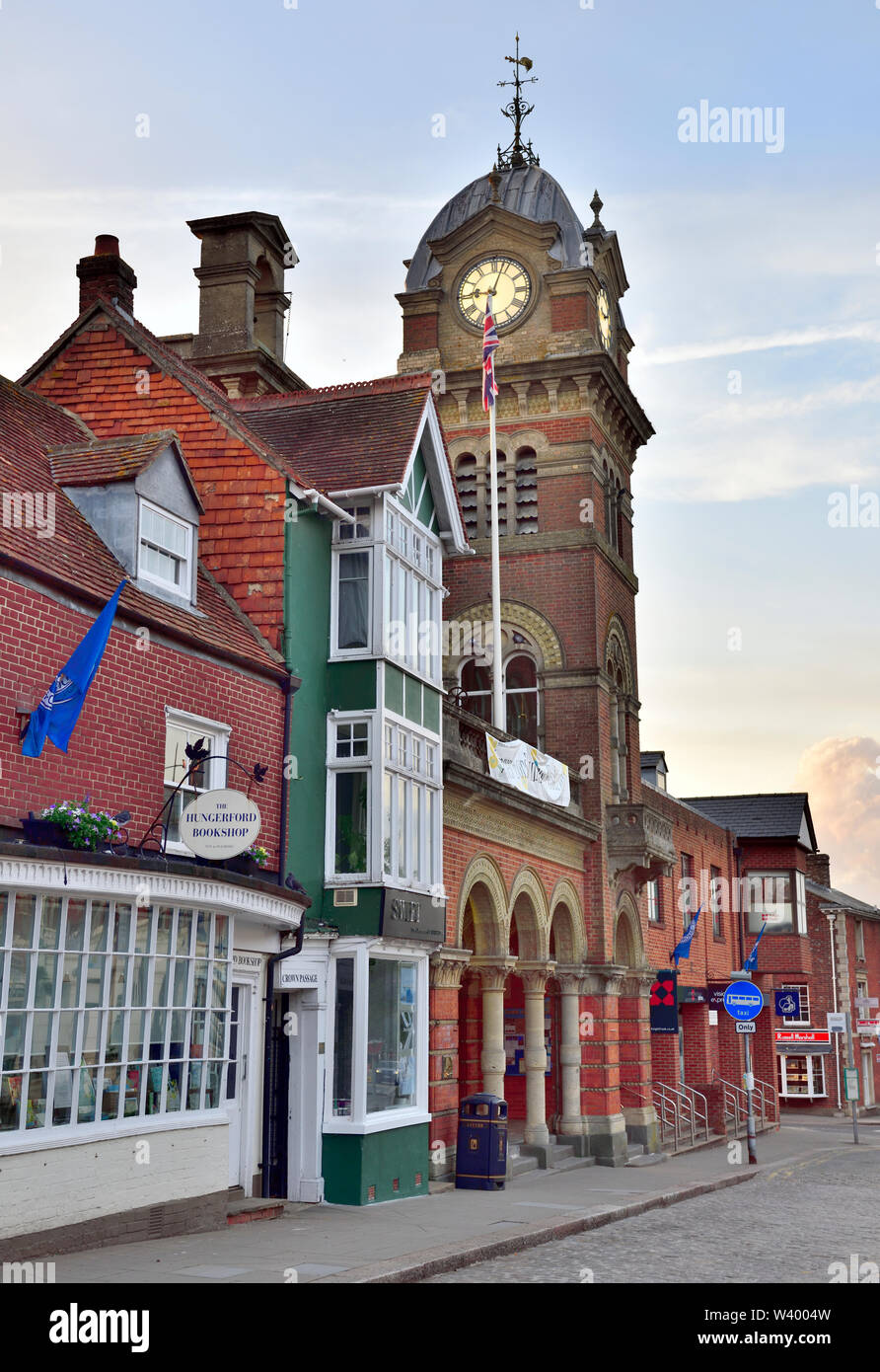 Town Hall with clock tower, Hungerford High Street, historic market town Berkshire, UK Stock Photo
