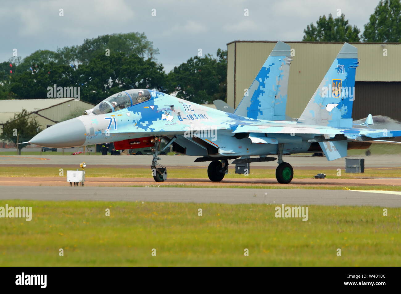 Ukrainian Air Force Sukhoi SU27 Flanker arriving at RIAT 2019 at RAF