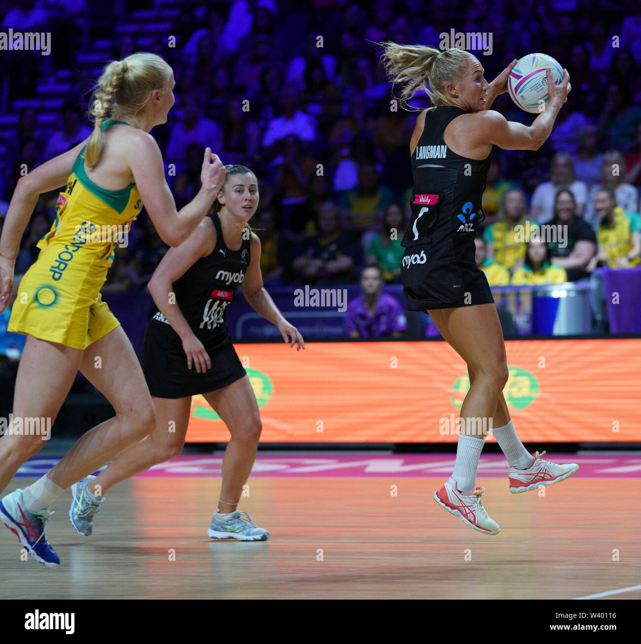 Laura Langman (NZ) in action during Vitality Netball World Cup 2019 at M&S Bank Arena, Liverpool, United Kingdom.Australia beat New Zealand: 50-49 Stock Photo