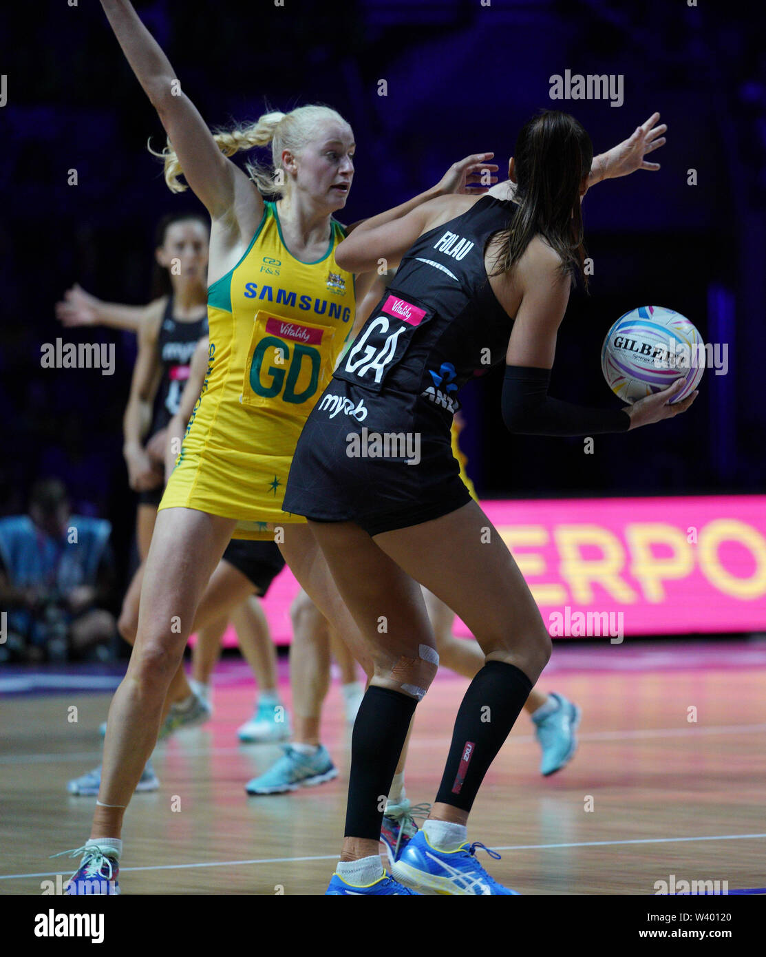 Ameliaranne Ekenasio (AUS) in action during Vitality Netball World Cup 2019 at M&S Bank Arena, Liverpool, United Kingdom.Australia beat New Zealand: 50-49 Stock Photo