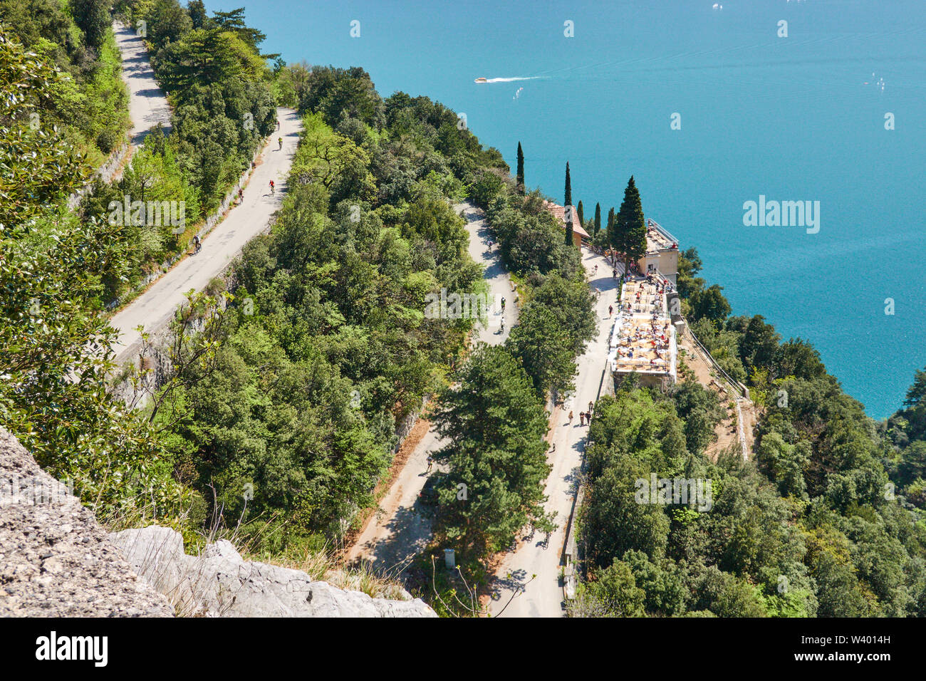 Bike road up to Pregasina with restaurant and bar  Ponalealto, Ristorante Ponale Alto Belvedere at Lago di Garda, Lake Garda in Torbole - Nago, Riva, Stock Photo