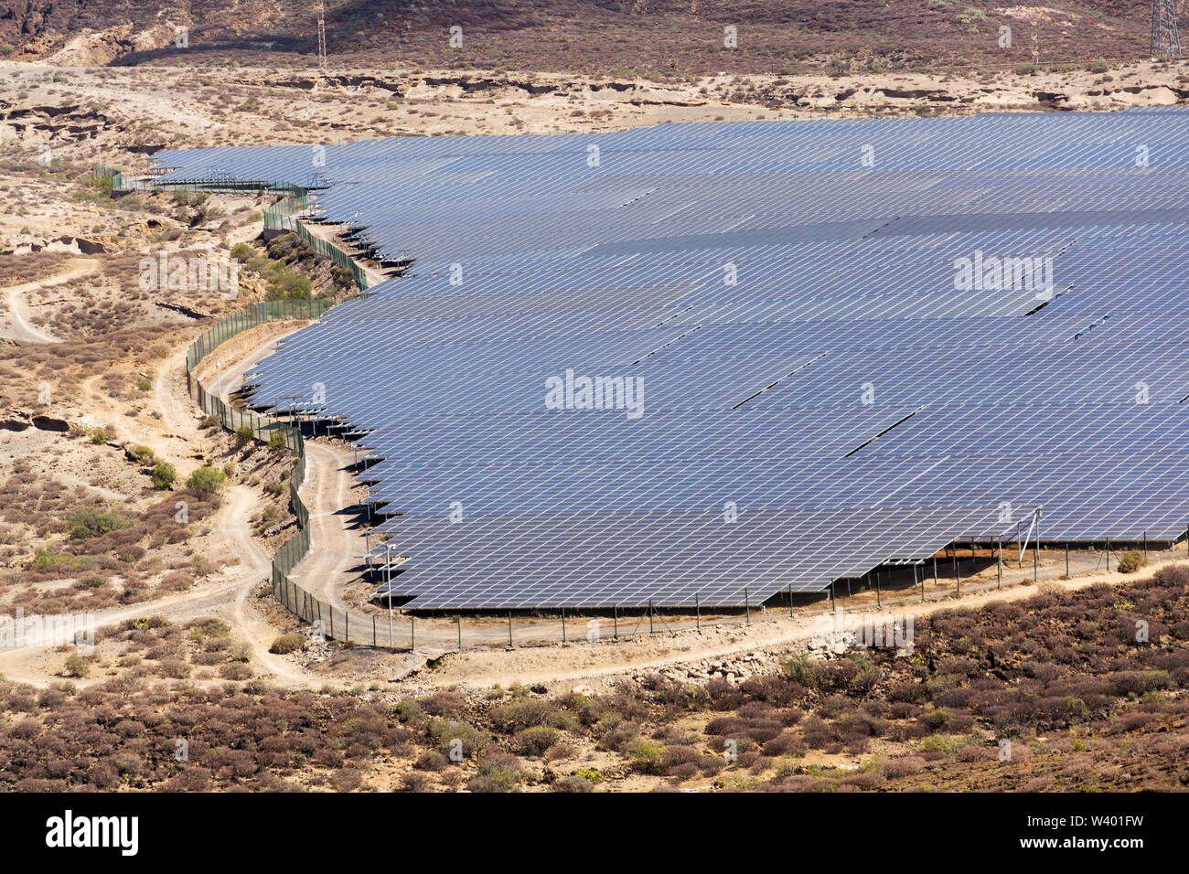 Blue solar panels at photovoltaics power station farm, future