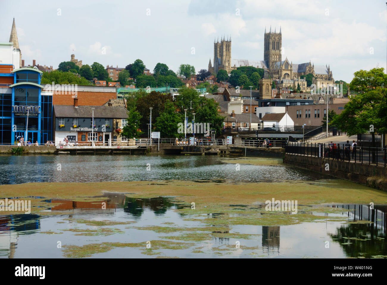 Brayford Pool with the Odeon cinema and the Cathedral. Lincoln, Lincolnshire, England. July 2019 Stock Photo