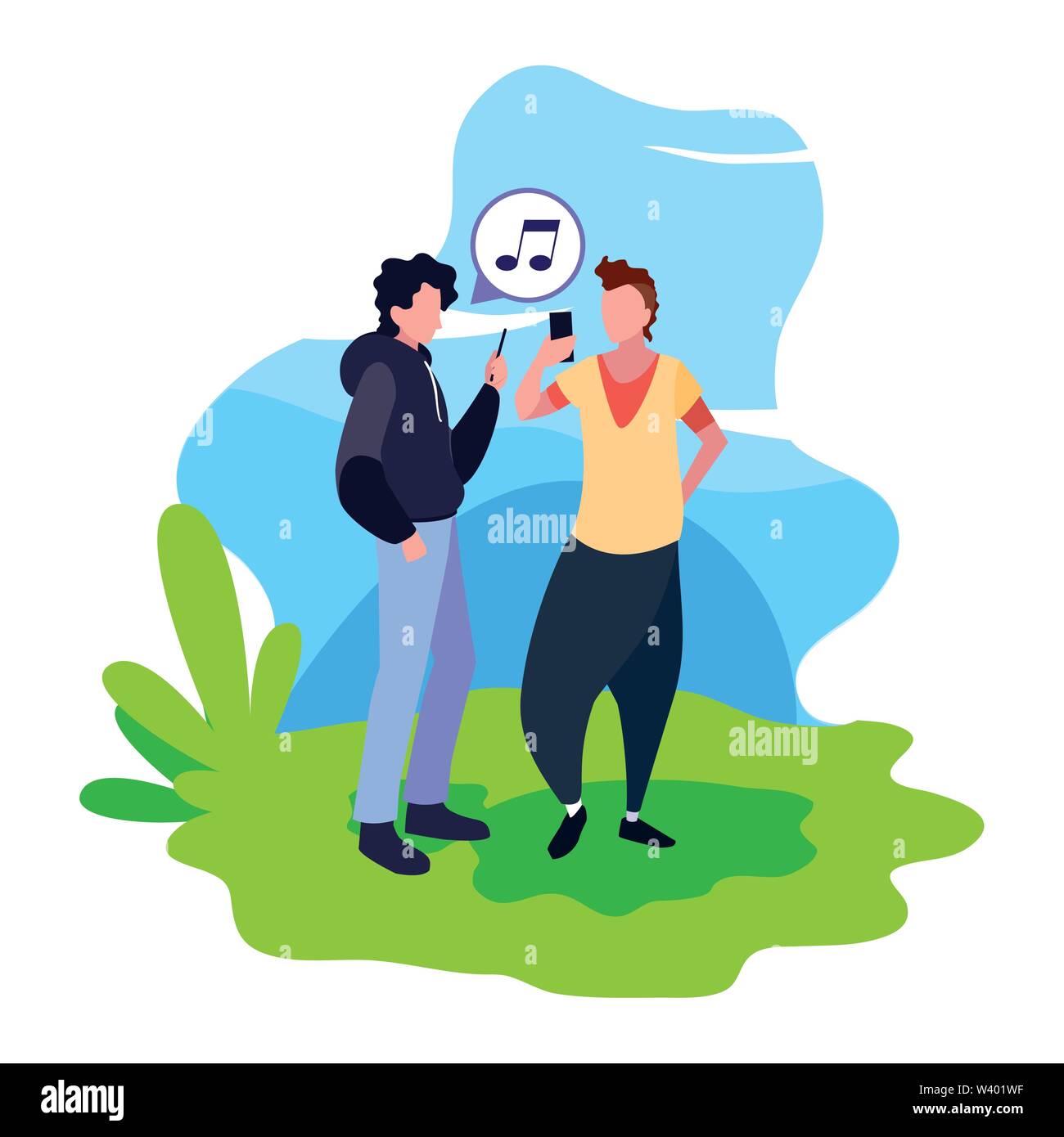 men using smartphone device in the landscape vector illustration Stock ...