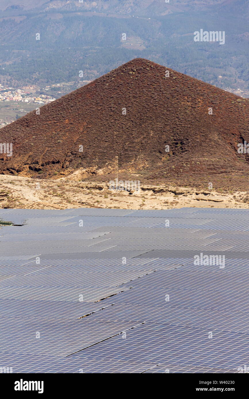 Blue solar panels at photovoltaics power station farm, future