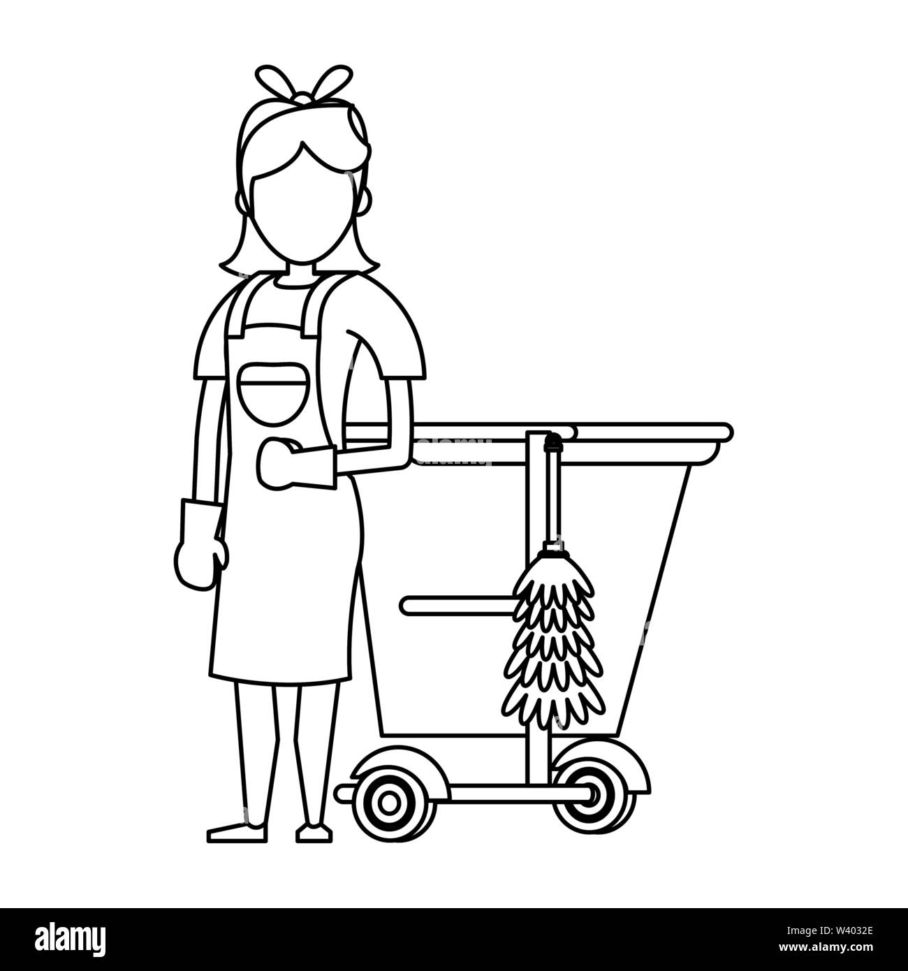 Cleaner worker with cleaning products and equipment in black and white ...