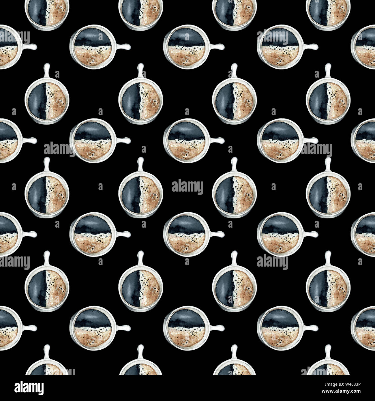 Hand drawn watercolor coffee cup seamless background isolated on black ...