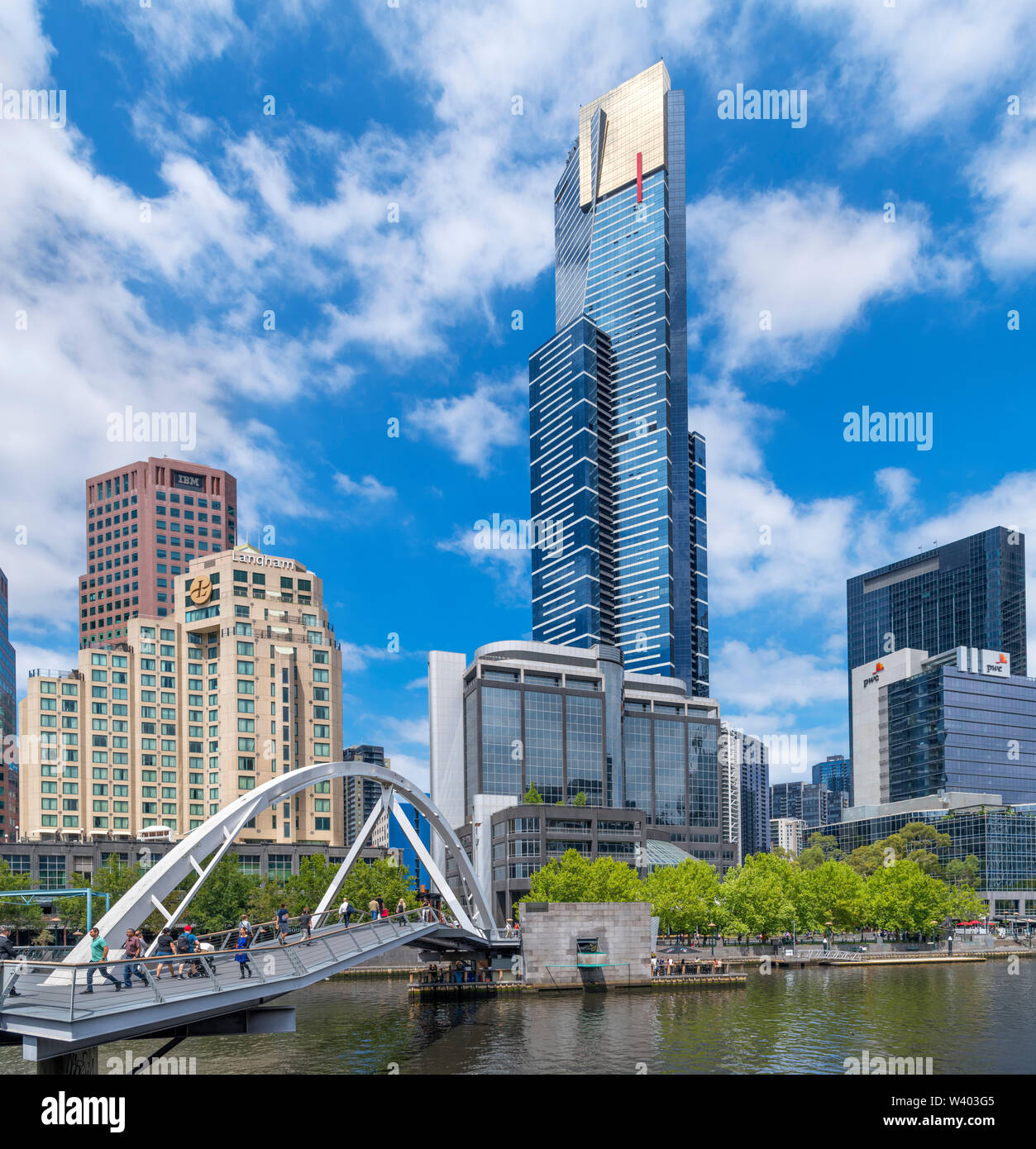 Eureka Tower and other high rise buildings on Southbank with Evan Walker Bridge crossing the Yarra River in foreground, Melbourne, Victoria, Australia Stock Photo