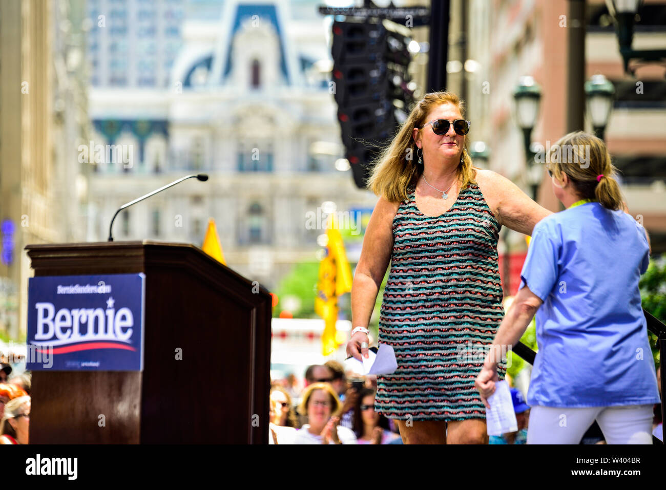 Philadelphia, Pennsylvania / USA. Hahnemann University Hospital staff nurse and union president, Susan Bowes, on stage during a rally organized by US Senator Bernie Sanders. July 15, 2019. Photo Credit: Chris Baker Evens. Stock Photo