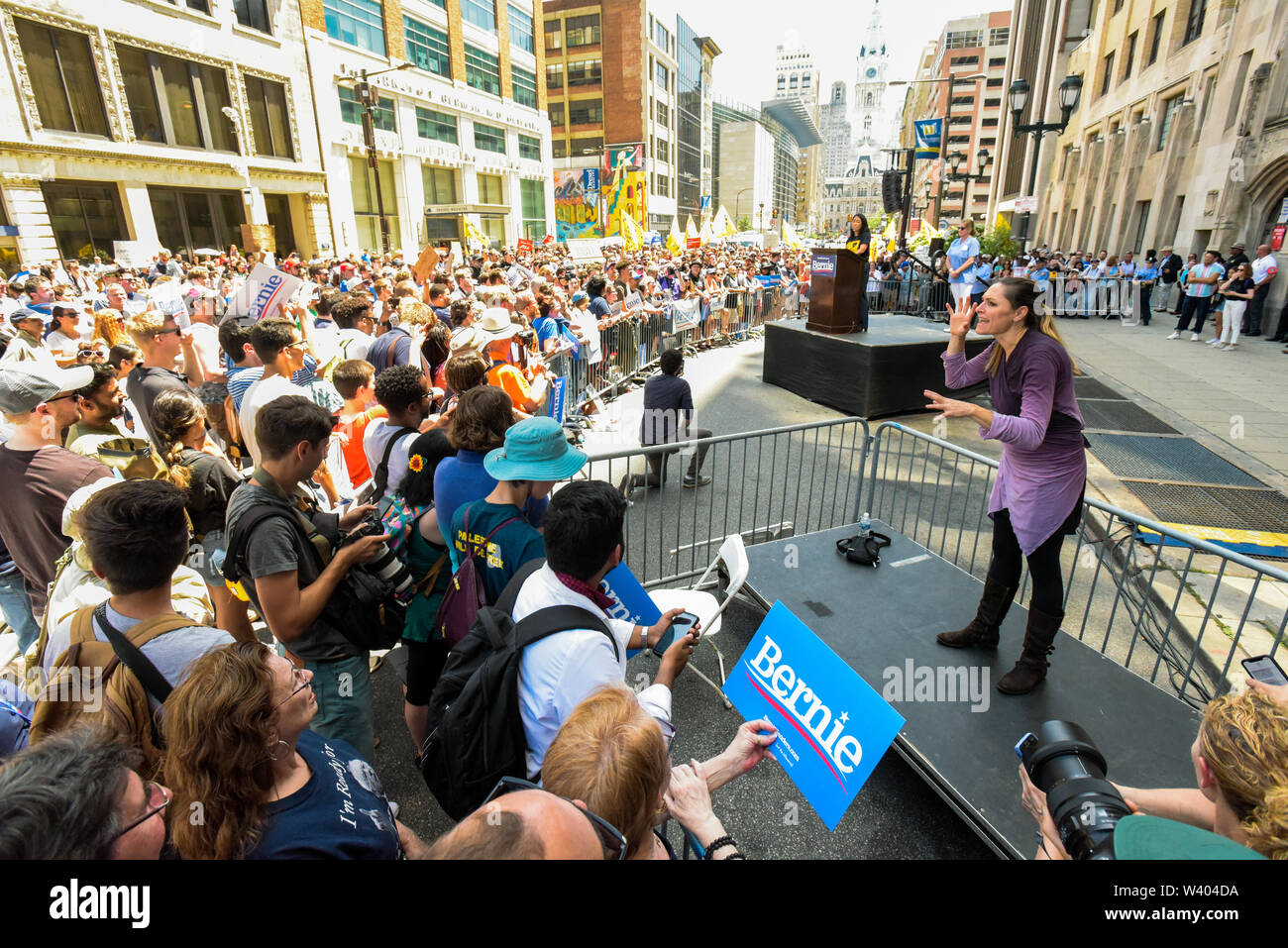 Philadelphia, Pennsylvania / USA. Philadelphia Councilwoman At-Large, Helen Gym, addresses hundreds from a podium in front of Hahnemann University Hospital in defence of health care workers. July 15, 2019. Photo Credit: Chris Baker Evens. Stock Photo