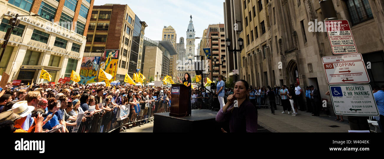 Philadelphia, Pennsylvania / USA. Philadelphia Councilwoman At-Large, Helen Gym, addresses hundreds from a podium in front of Hahnemann University Hospital in defence of health care workers. July 15, 2019. Photo Credit: Chris Baker Evens. Stock Photo