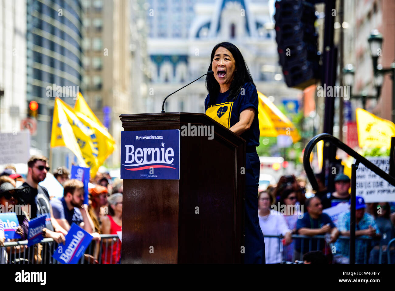 Philadelphia, Pennsylvania / USA. Philadelphia Councilwoman At-Large, Helen Gym, addresses hundreds from a podium in front of Hahnemann University Hospital in defence of health care workers. July 15, 2019. Photo Credit: Chris Baker Evens. Stock Photo