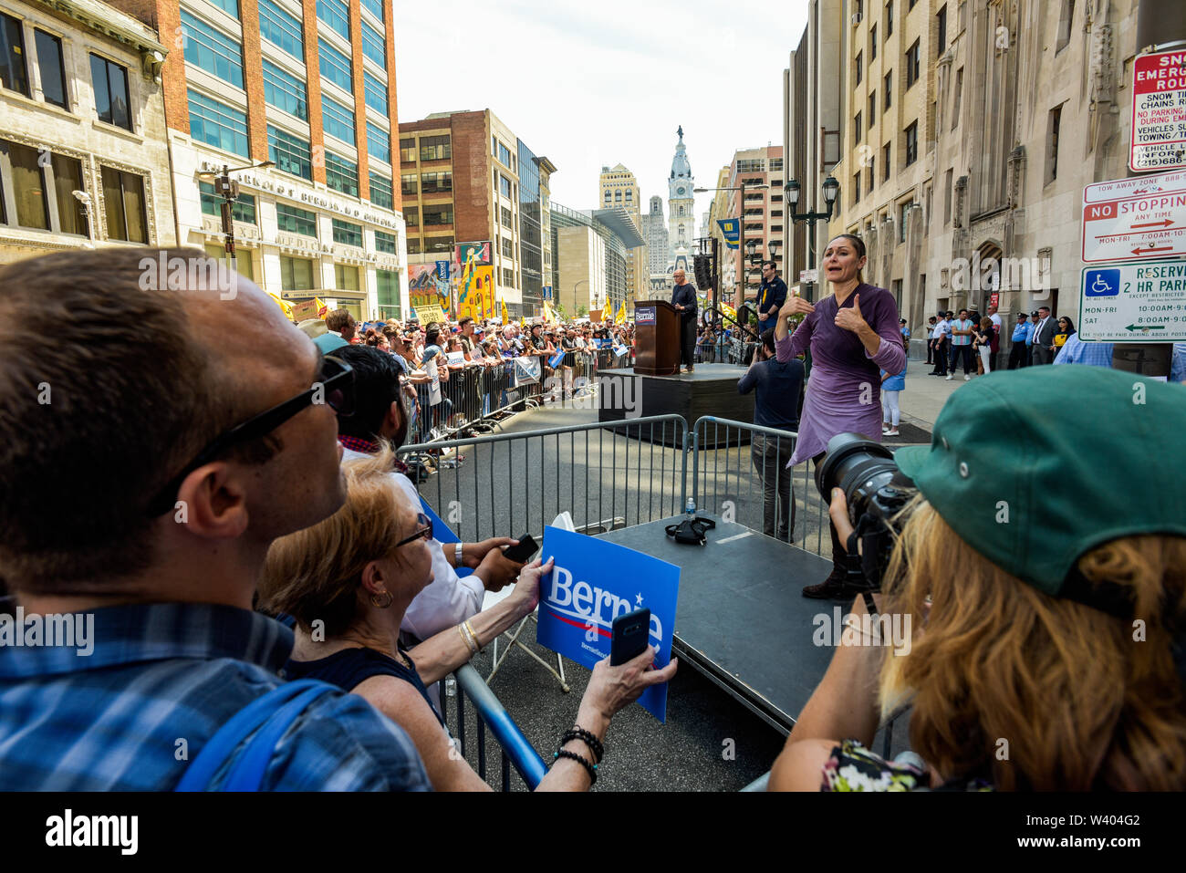 Philadelphia, Pennsylvania / USA. Pediatric Physician's Assistant and oncology patient, Maria Garcia Bulkley address a large crowd in front of Hahnemann University Hospital. July 15, 2019. Photo Credit: Chris Baker Evens. Stock Photo