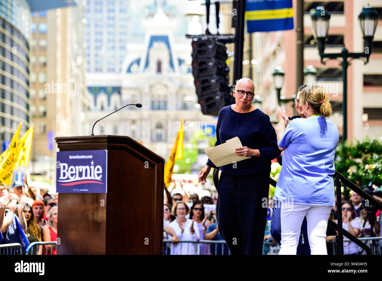 Philadelphia, Pennsylvania / USA. Pediatric Physician's Assistant and oncology patient, Maria Garcia Bulkley address a large crowd in front of Hahnemann University Hospital. July 15, 2019. Photo Credit: Chris Baker Evens. Stock Photo