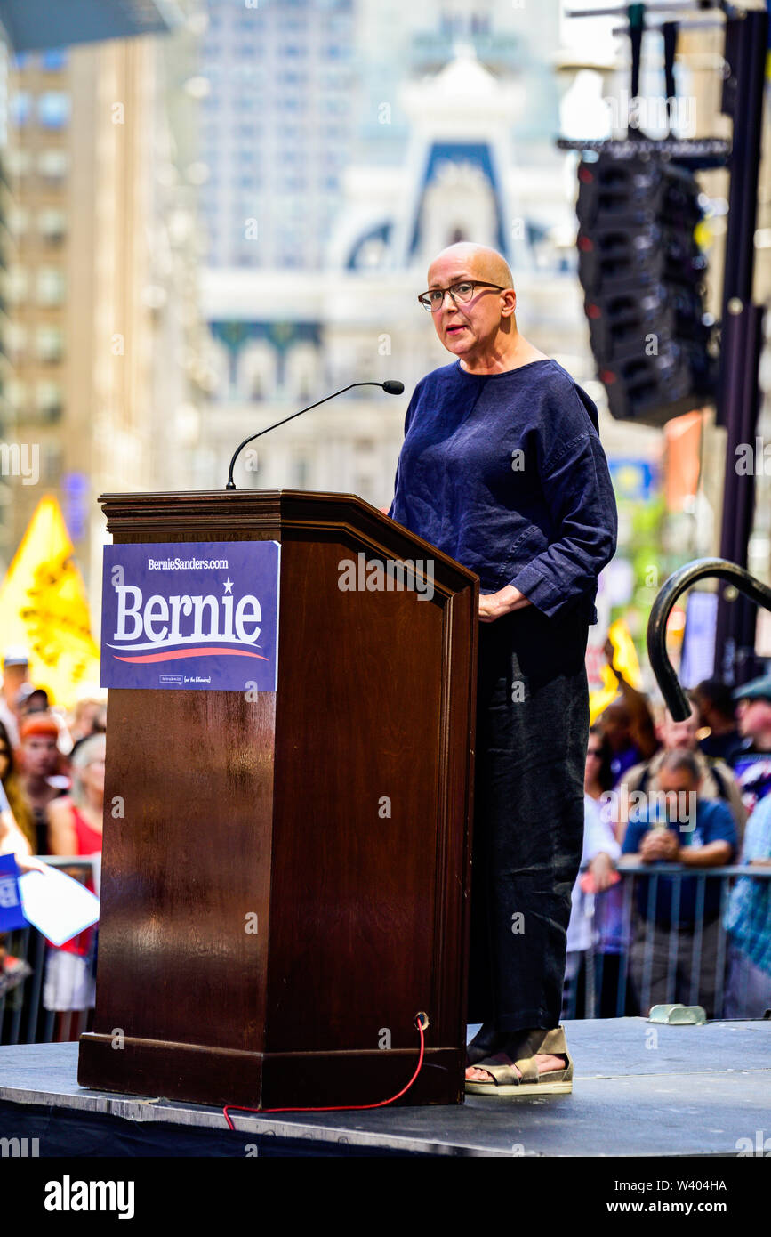 Philadelphia, Pennsylvania / USA. Pediatric Physician's Assistant and oncology patient, Maria Garcia Bulkley address a large crowd in front of Hahnemann University Hospital. July 15, 2019. Photo Credit: Chris Baker Evens. Stock Photo