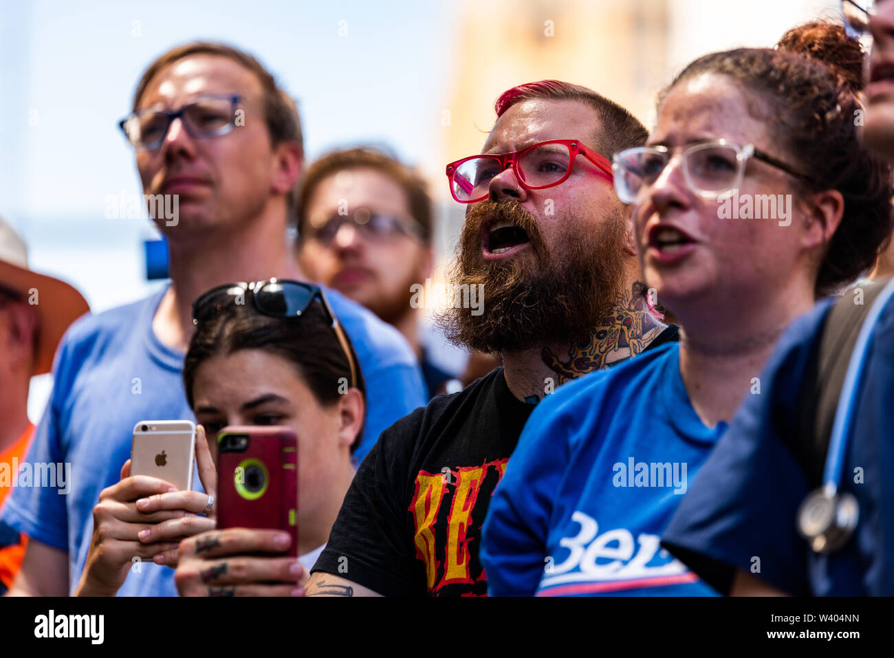 Philadelphia, Pennsylvania / USA. Hundreds rally in front of Hahnemann University Hospital to hear Vermont Senator Bernie Sanders speak in defence of Medicare for All and eliminating private equity funds from controlling health care facilties. July 15, 2019. Photo Credit: Chris Baker Evens. Stock Photo