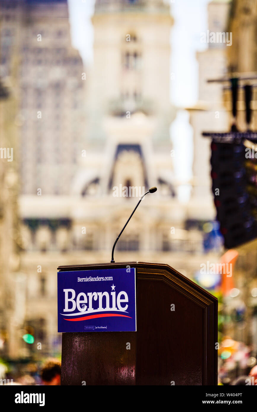 Philadelphia, Pennsylvania / USA. An empty podium set up outside Hahnemann University Hospital with Philadelphia City Hall in the background. July 15, 2019. Photo Credit: Chris Baker Evens. Stock Photo