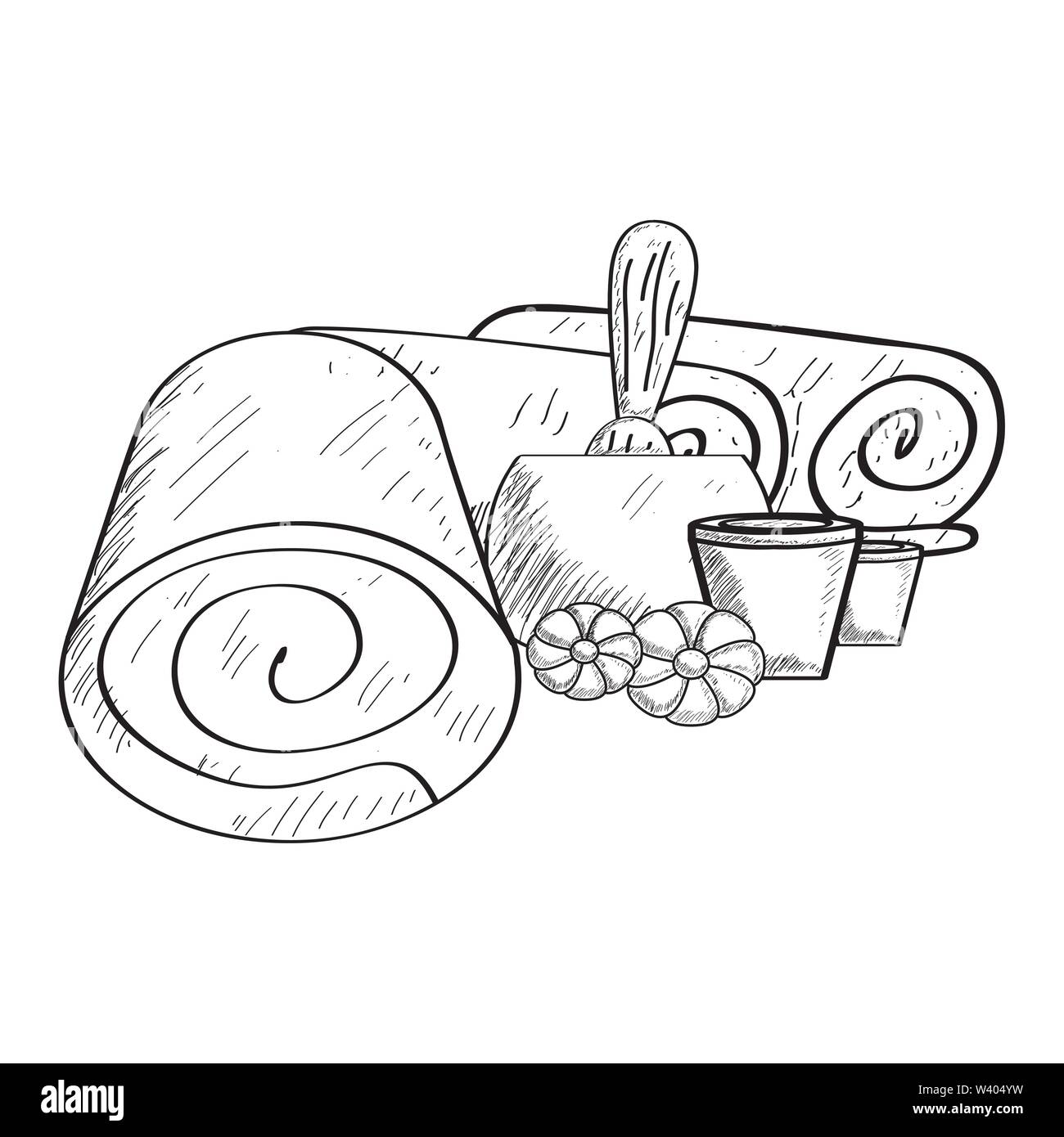 Sketch of spa objects Mortar with pestle, towels and flowers - Vector Stock Vector