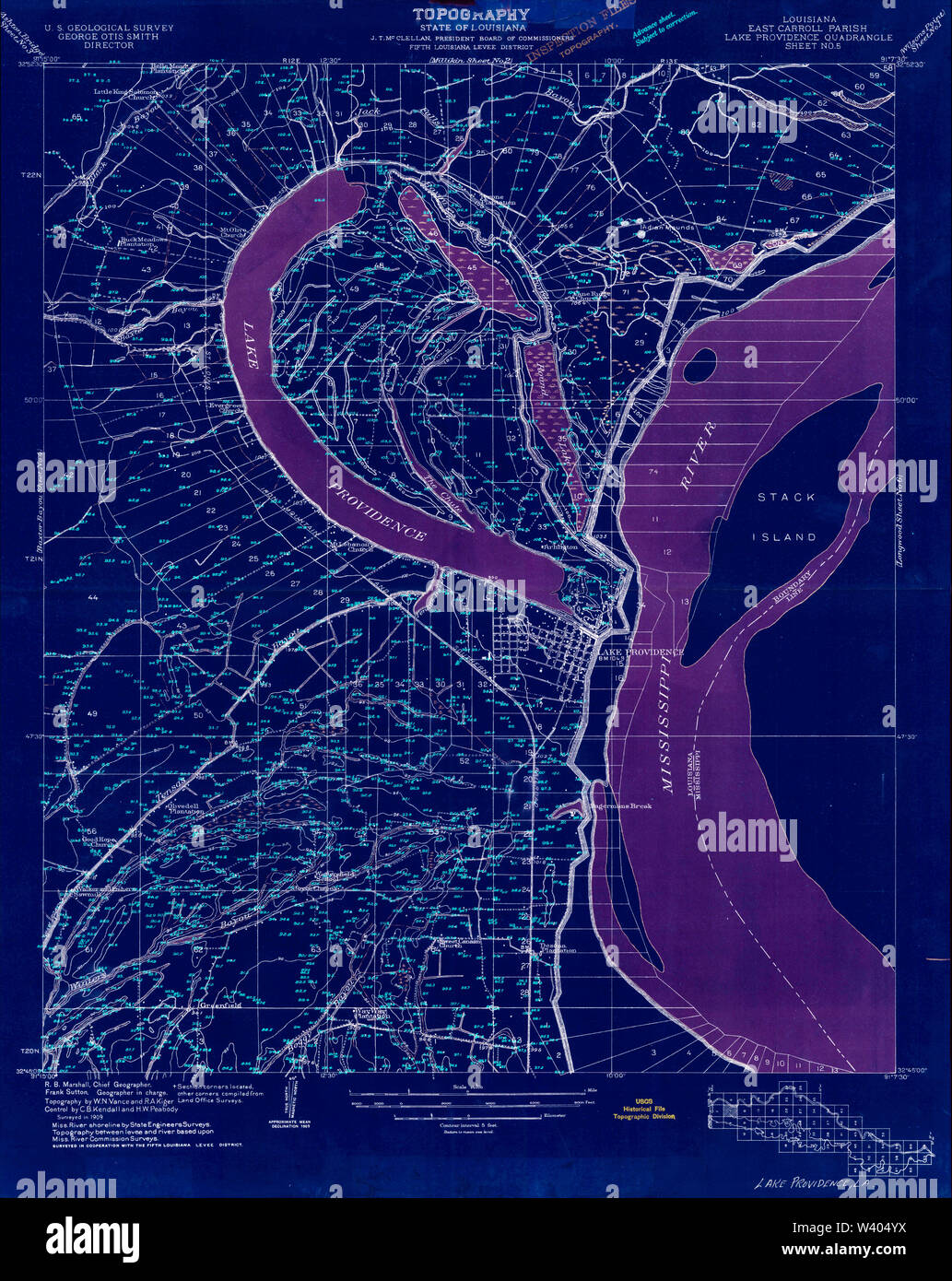 USGS TOPO Map Louisiana LA Lake Providence 332512 1909 24000 Inverted Stock Photo