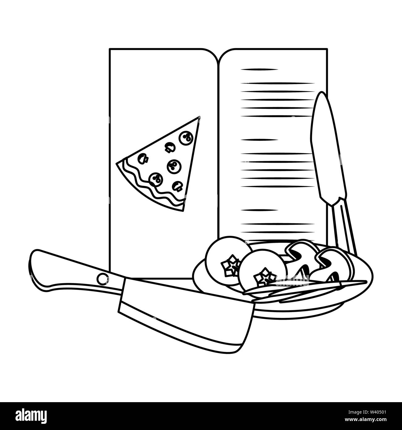 Pizza menu with ingredients and knives utensils in black and white Stock Vector