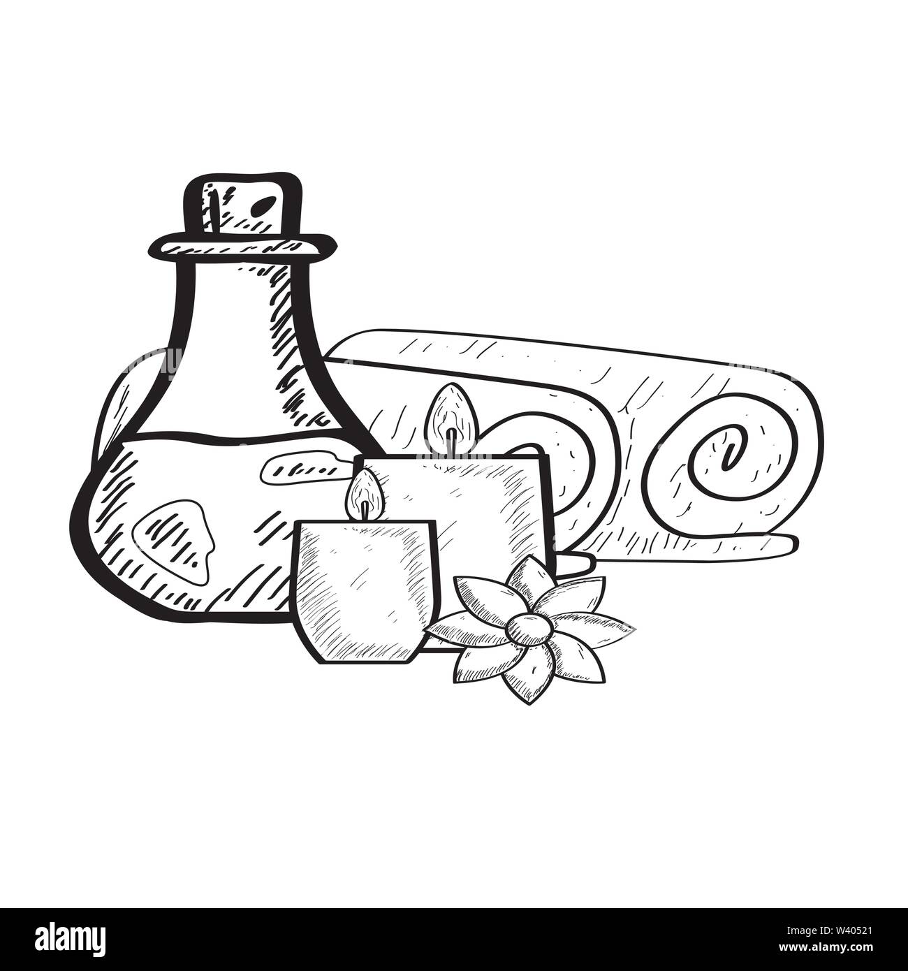 Sketch of spa objects. Esscence bottle, towels, candles and flower - Vector Stock Vector