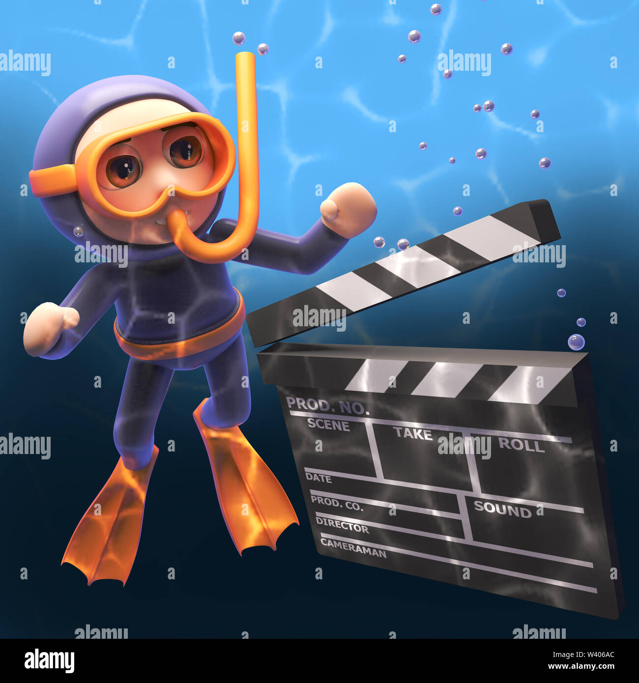 Cartoon snorkel scuba diver underwater and looking at a movie makers