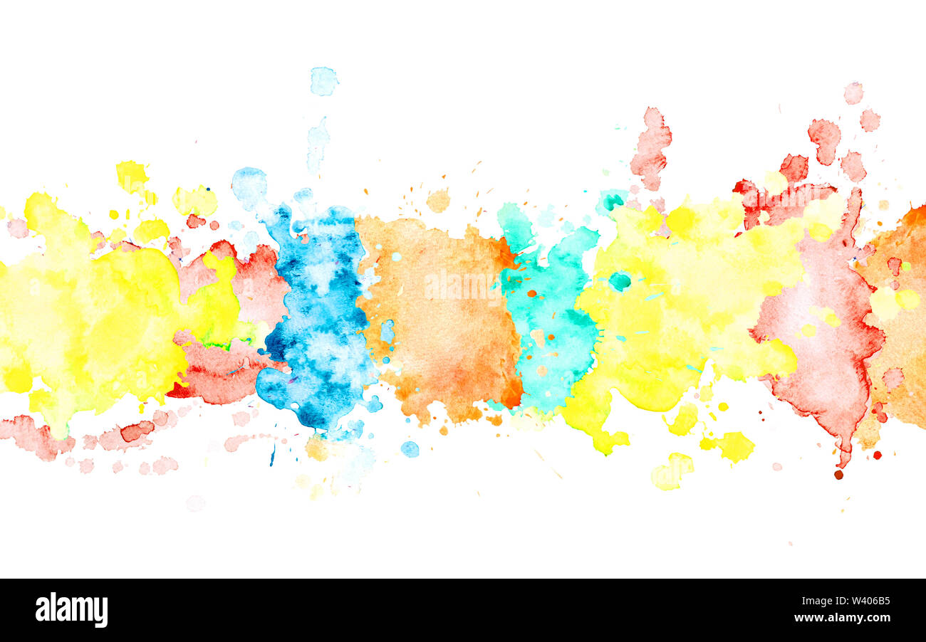 Multicolor watercolor horizontal stripe. Isolated spot on white background. Yellow, orange, green, red, blue blots drawn by hand. Stock Photo