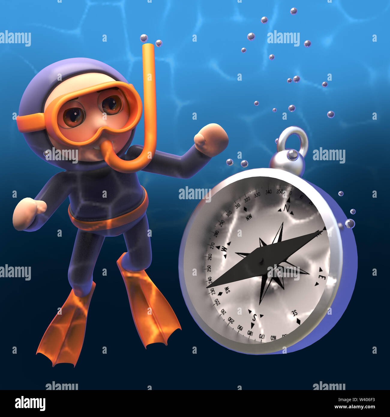 Diver wearing scuba snorkel equipment watching a compass sink