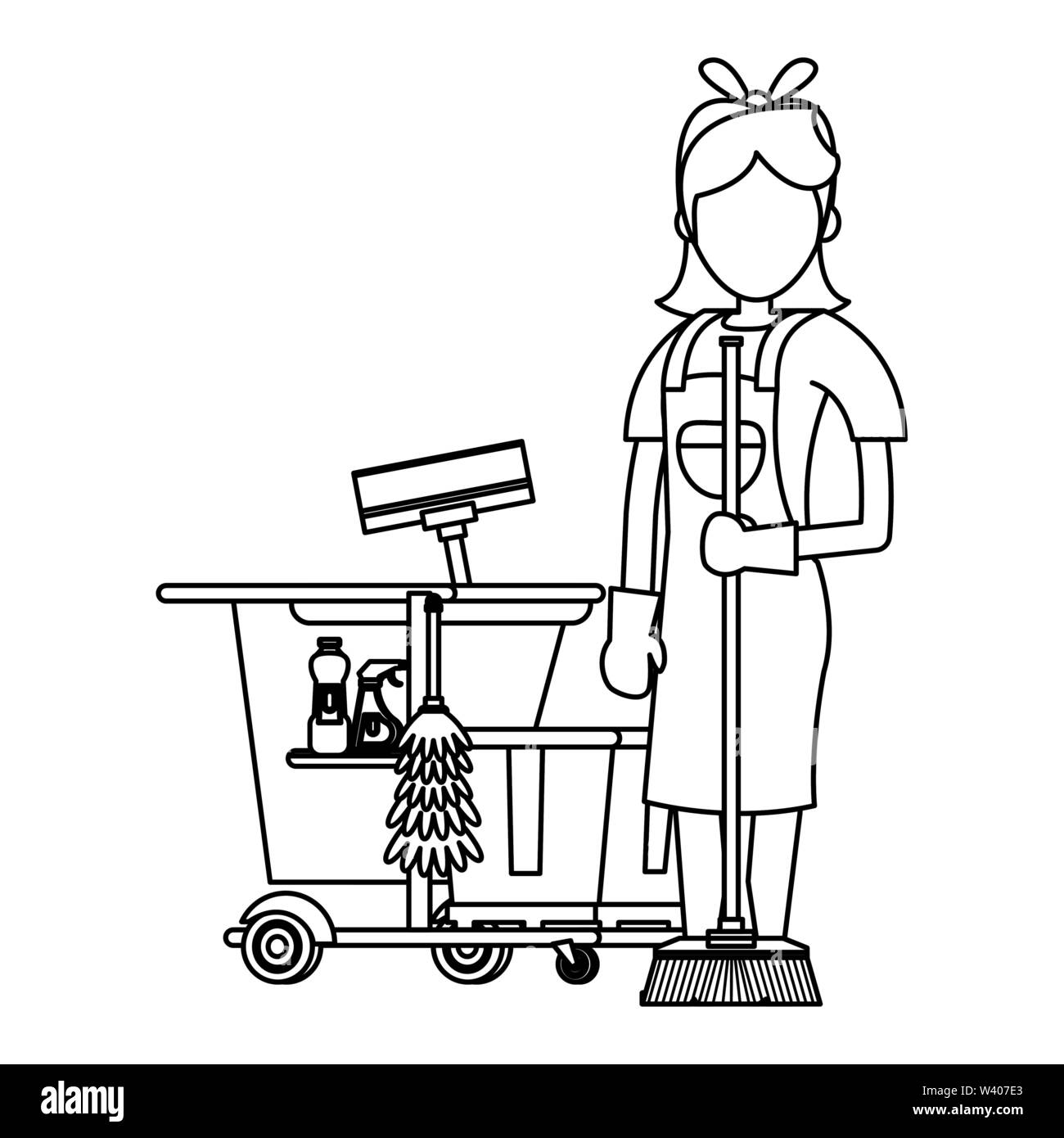 Cleaner worker with cleaning products and equipment in black and white ...