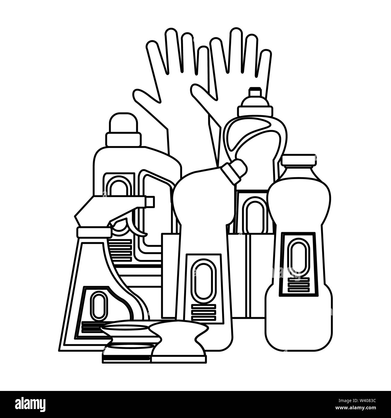 Set of cleaning equipment and products in black and white Stock Vector ...