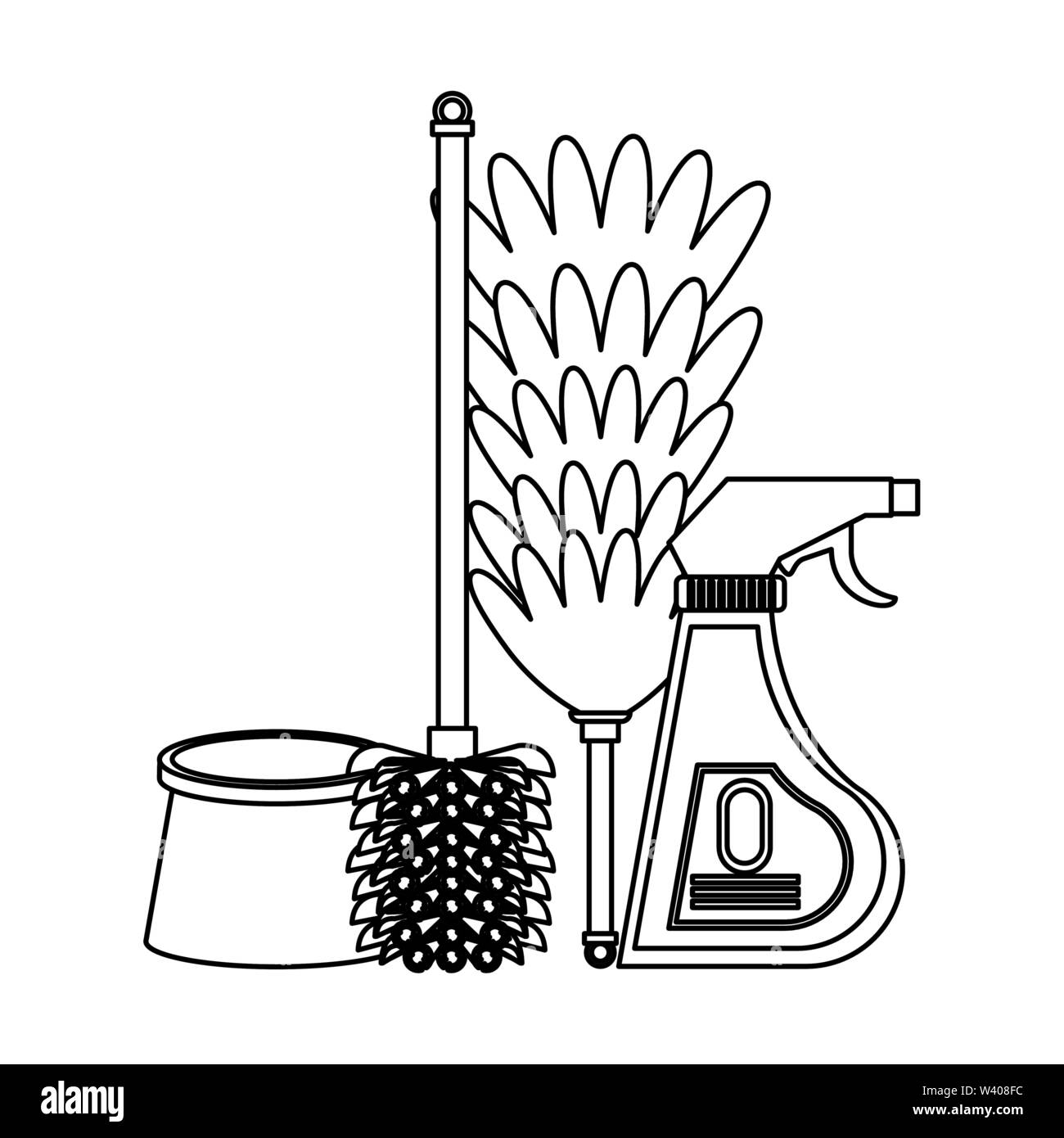Set of cleaning equipment and products in black and white Stock Vector ...
