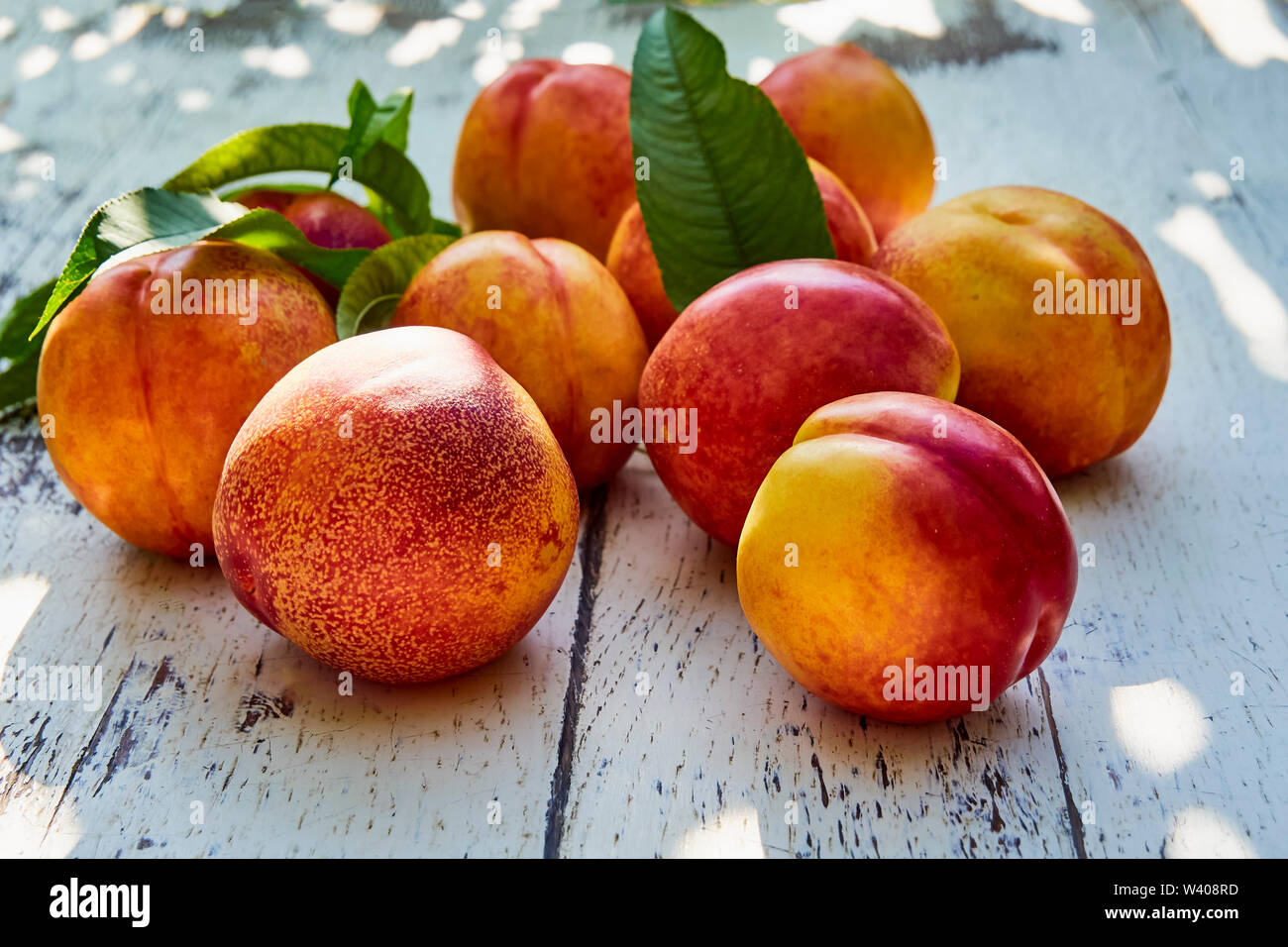 Ripe peaches with leaves on the old wooden table against the background of green leaves in the garden. Soft selective focus Stock Photo